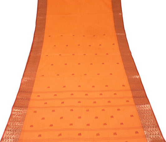 Sushila Vintage Orange Saree Pure Cotton Hand Woven Brocade Sari Craft Fabric