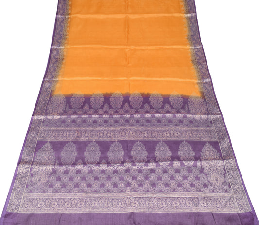 Sushila Vintage Golden Yellow Saree Pure Tussar Silk Floral Woven Sari Craft Fabric