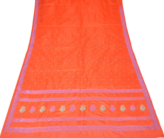 Sushila Vintage Dark Orange Saree Pure Silk Floral Woven Soft Sari Craft Fabric
