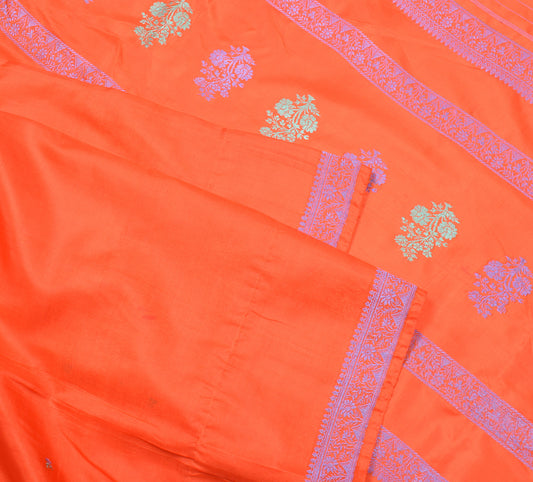 Sushila Vintage Dark Orange Saree Pure Silk Floral Woven Soft Sari Craft Fabric