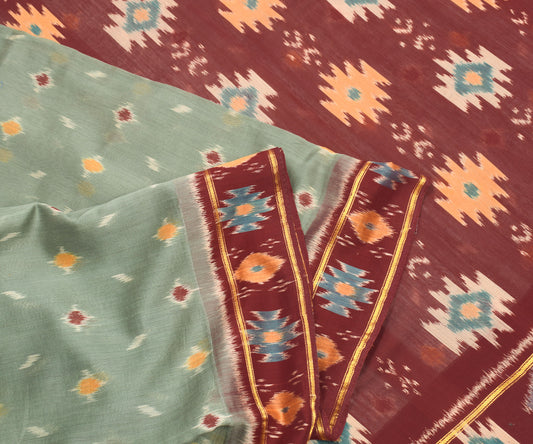 Sushila Vintage Green Saree Hand Woven Ikat Pure Cotton Silk Pochampally Sari Fabric