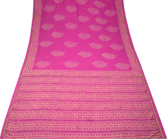 Sushila Vintage Magenta Block Print Saree Pure Cotton Silk 6YD Sari Craft Fabric