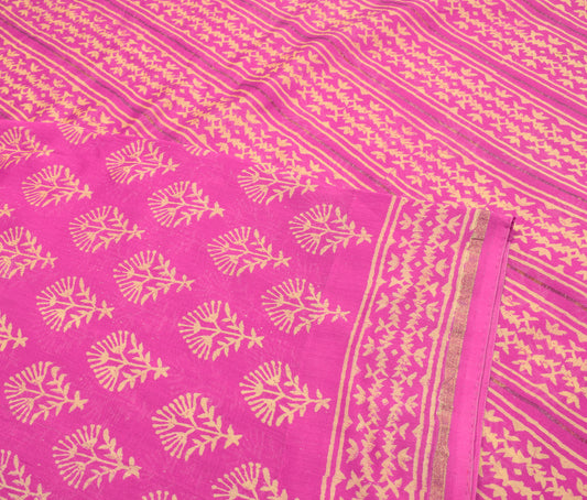 Sushila Vintage Magenta Block Print Saree Pure Cotton Silk 6YD Sari Craft Fabric