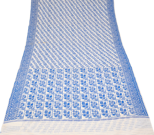 Sushila Vintage Hand Woven Jamdani Saree Pure Cotton Silk White Sari Craft Fabric
