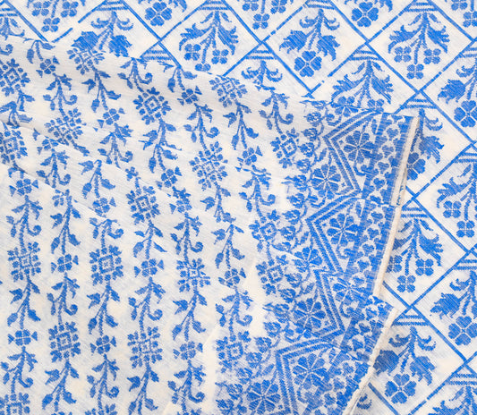 Sushila Vintage Hand Woven Jamdani Saree Pure Cotton Silk White Sari Craft Fabric