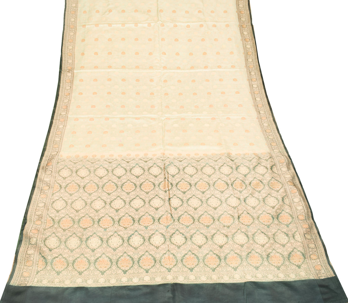 Sushila Vintage Green Banarasi Saree Pure Satin Silk Brocade Woven HEAVY Sari Fabric
