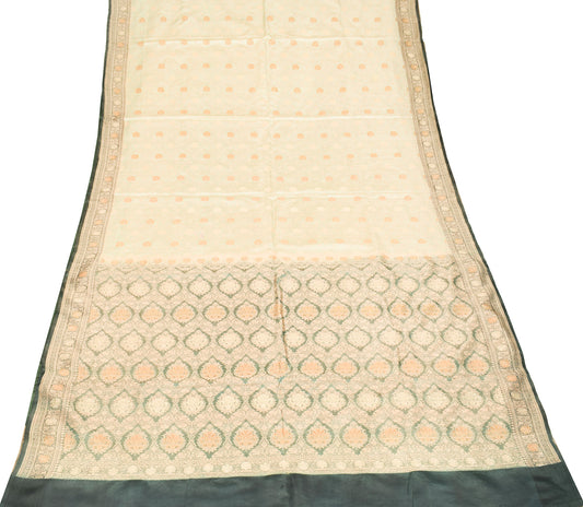 Sushila Vintage Green Banarasi Saree Pure Satin Silk Brocade Woven HEAVY Sari Fabric