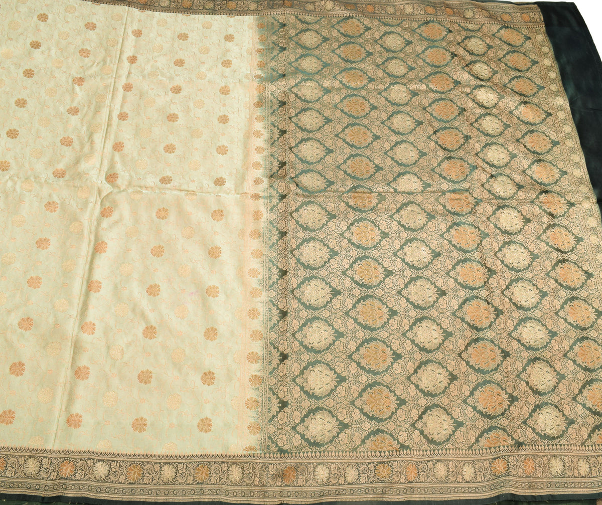 Sushila Vintage Green Banarasi Saree Pure Satin Silk Brocade Woven HEAVY Sari Fabric