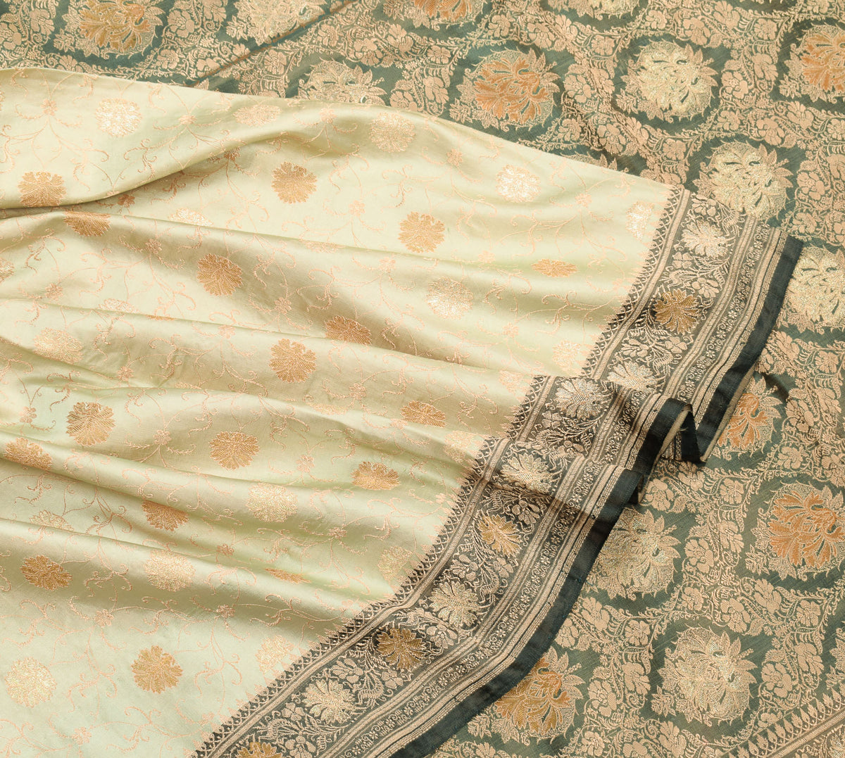 Sushila Vintage Green Banarasi Saree Pure Satin Silk Brocade Woven HEAVY Sari Fabric