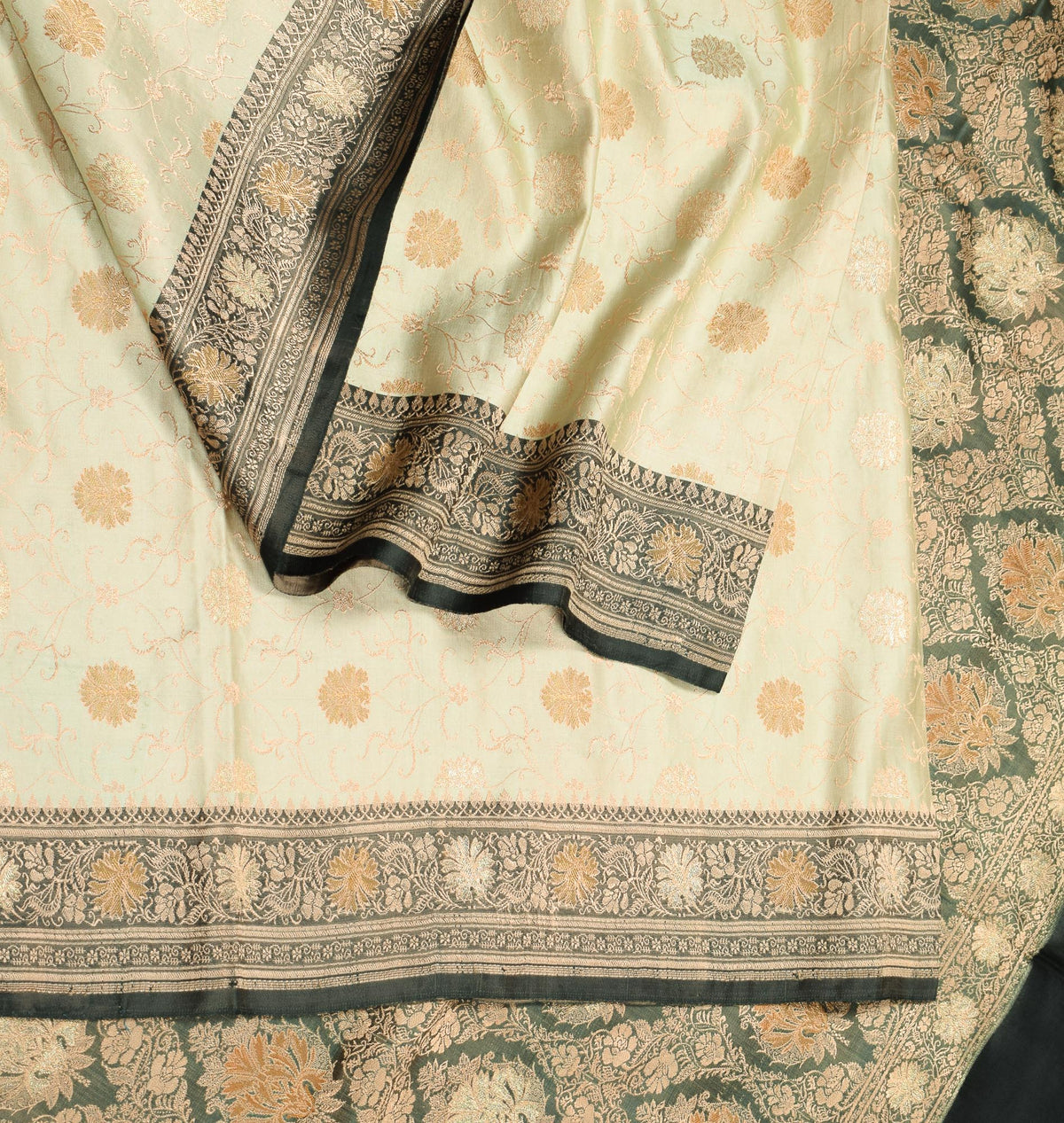 Sushila Vintage Green Banarasi Saree Pure Satin Silk Brocade Woven HEAVY Sari Fabric