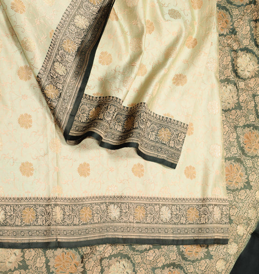 Sushila Vintage Green Banarasi Saree Pure Satin Silk Brocade Woven HEAVY Sari Fabric