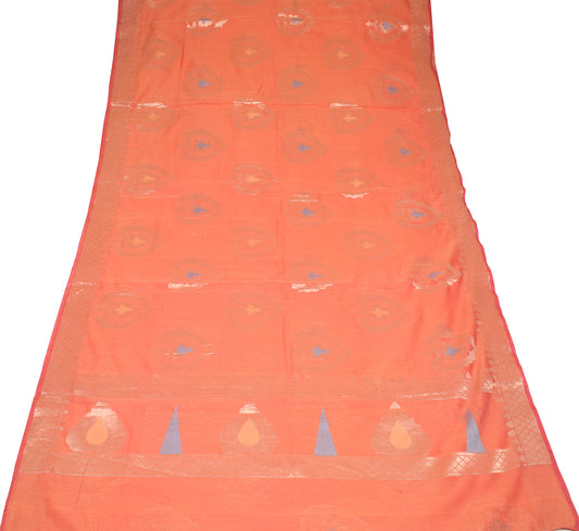 Sushila Vintage Peach Zari Woven Saree Pure Cotton Silk 5YD Sari Craft Fabric