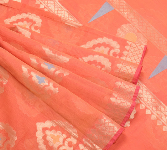 Sushila Vintage Peach Zari Woven Saree Pure Cotton Silk 5YD Sari Craft Fabric