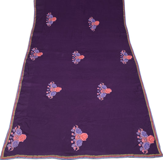 Sushila Vintage Purple Pure Silk Saree Floral Applique Work Sari Craft Fabric