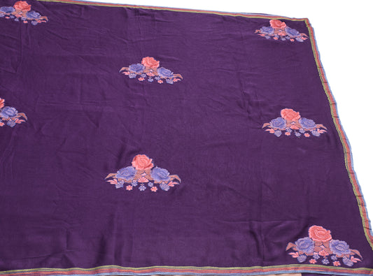 Sushila Vintage Purple Pure Silk Saree Floral Applique Work Sari Craft Fabric