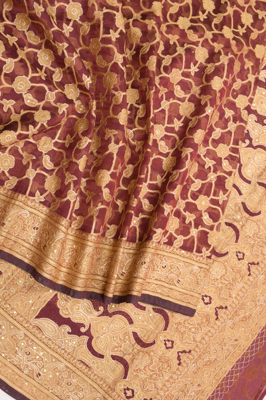 Sushila Vintage Maroon Aari Work Saree Pure Organza Silk Woven Sari Craft Fabric
