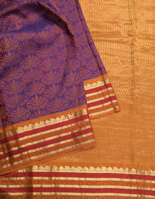 Sushila Vintage Pure Kanchipuram Silk Saree Purple Handloom Sari Craft Fabric