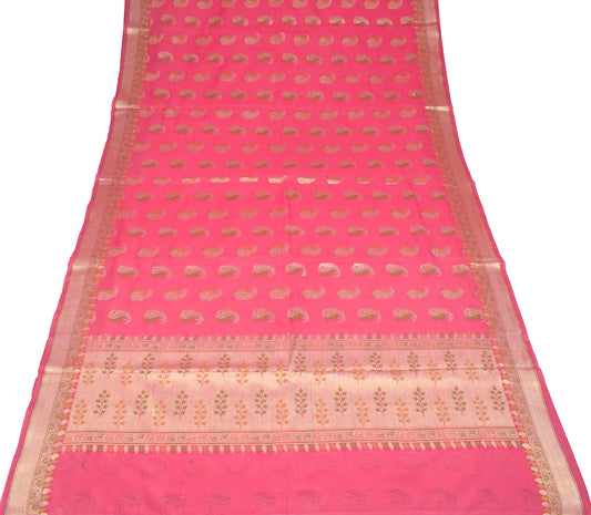 Sushila Vintage Pink Woven Saree Kota Doria art Cotton Silk Sari Craft Fabric