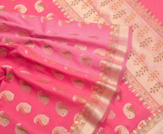 Sushila Vintage Pink Woven Saree Kota Doria art Cotton Silk Sari Craft Fabric