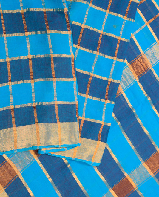 Sushila Vintage Blue Handloom Saree Zari Woven Pure Cotton Sari Craft Fabric