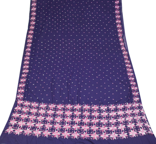 Sushila Vintage Handmade Phulkari Saree Art Georgette Blue Sari Craft Fabric