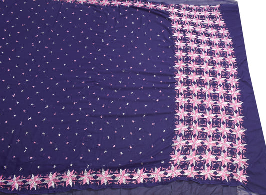 Sushila Vintage Handmade Phulkari Saree Art Georgette Blue Sari Craft Fabric