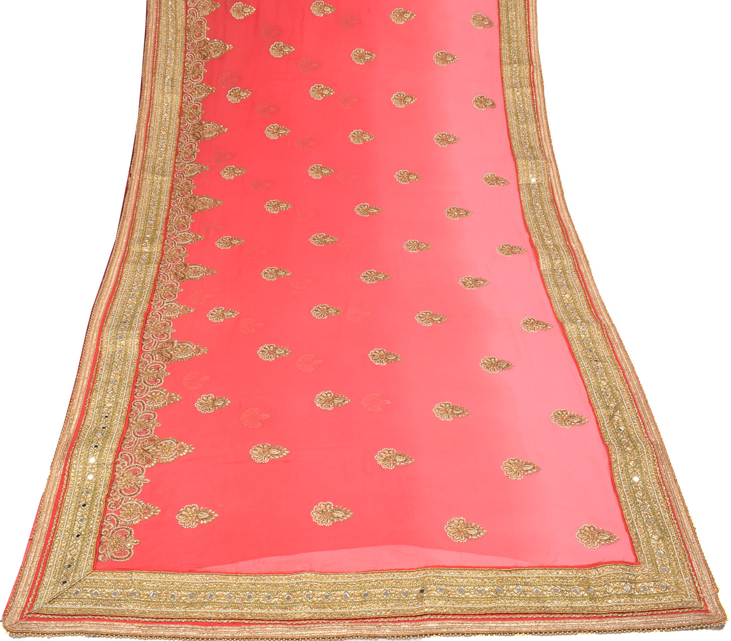 Sushila Vintage HEAVY Carrot Pink Saree Pure Georgette Zari Mirror Work Sari Fabric