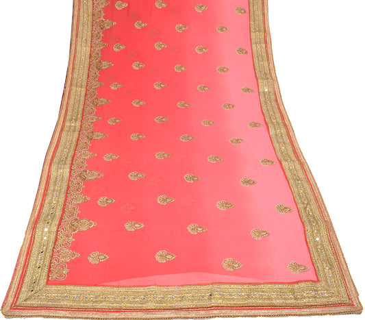 Sushila Vintage HEAVY Carrot Pink Saree Pure Georgette Zari Mirror Work Sari Fabric