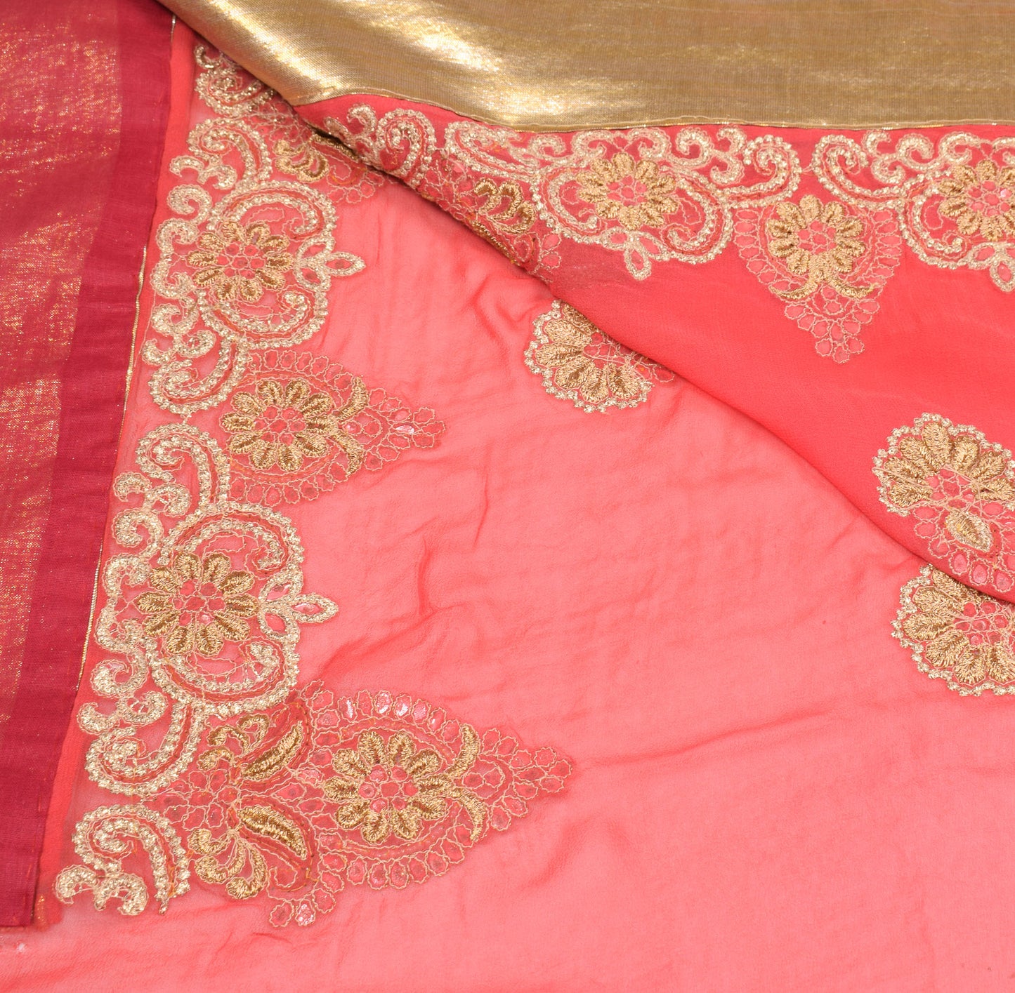Sushila Vintage HEAVY Carrot Pink Saree Pure Georgette Zari Mirror Work Sari Fabric