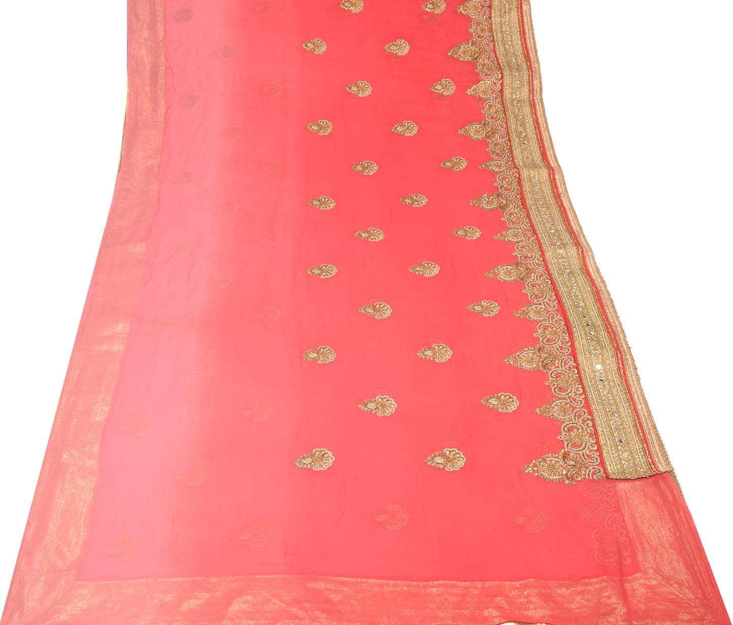 Sushila Vintage HEAVY Carrot Pink Saree Pure Georgette Zari Mirror Work Sari Fabric