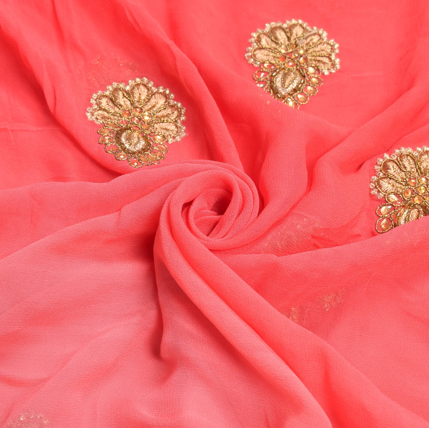 Sushila Vintage HEAVY Carrot Pink Saree Pure Georgette Zari Mirror Work Sari Fabric