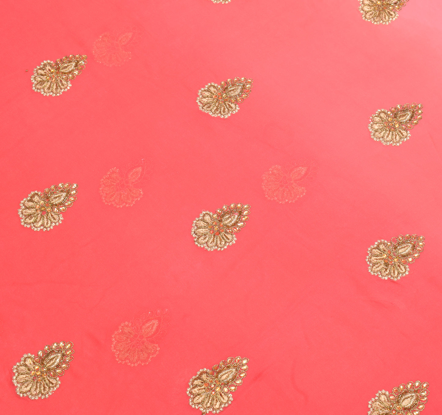 Sushila Vintage HEAVY Carrot Pink Saree Pure Georgette Zari Mirror Work Sari Fabric