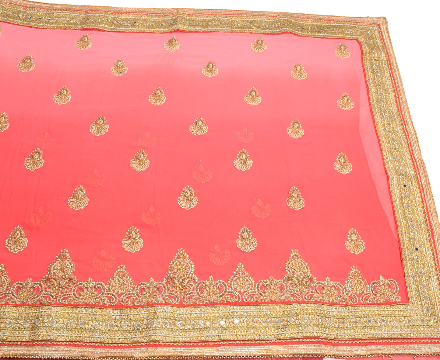 Sushila Vintage HEAVY Carrot Pink Saree Pure Georgette Zari Mirror Work Sari Fabric