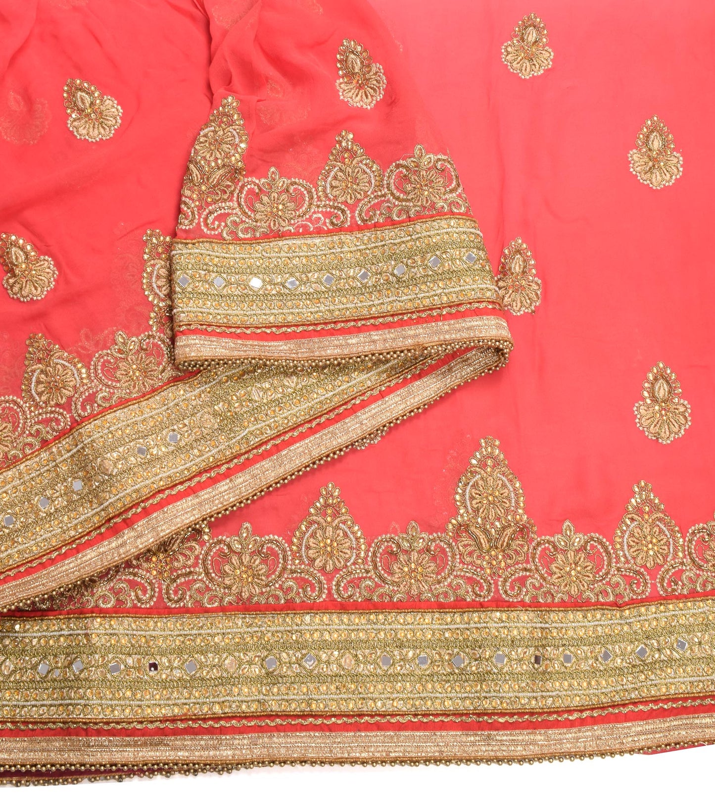 Sushila Vintage HEAVY Carrot Pink Saree Pure Georgette Zari Mirror Work Sari Fabric
