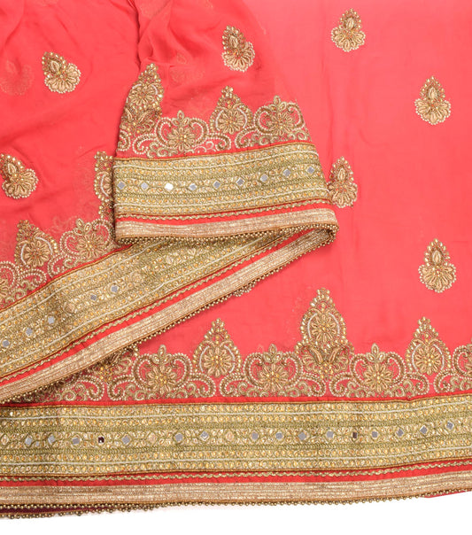 Sushila Vintage HEAVY Carrot Pink Saree Pure Georgette Zari Mirror Work Sari Fabric