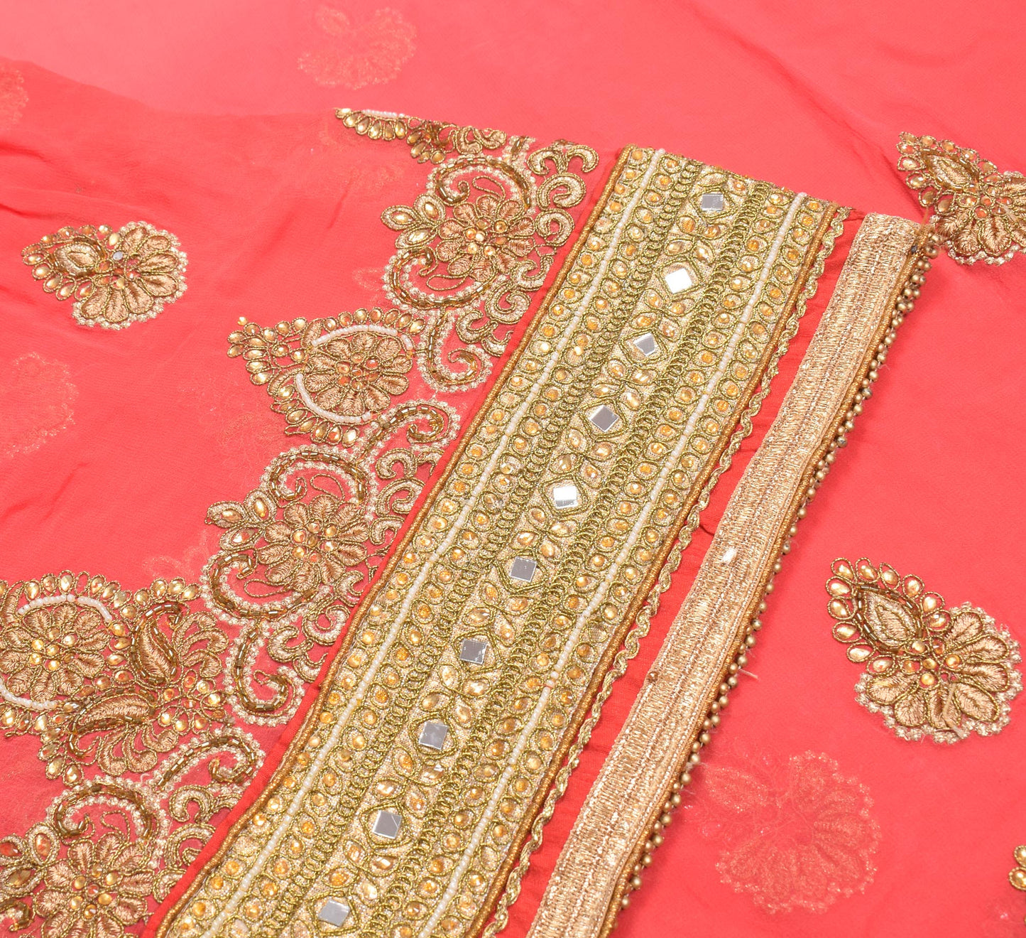 Sushila Vintage HEAVY Carrot Pink Saree Pure Georgette Zari Mirror Work Sari Fabric