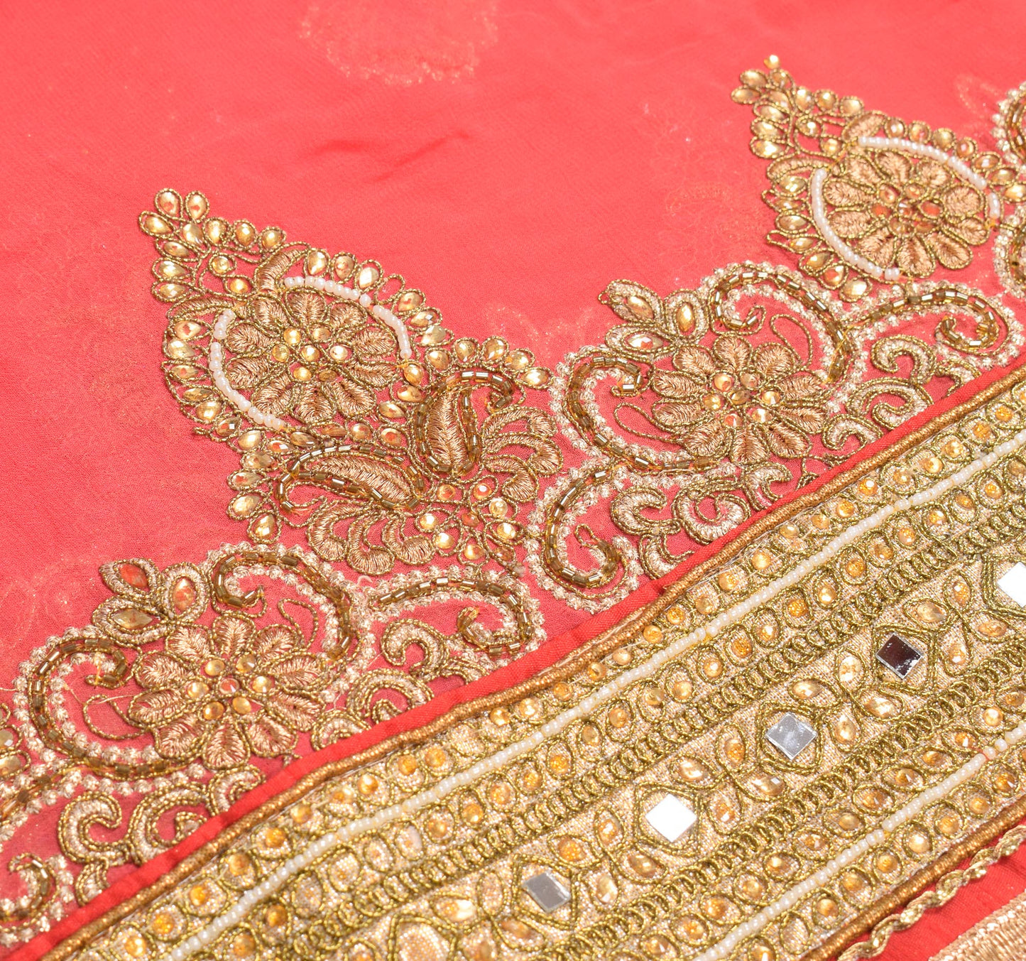 Sushila Vintage HEAVY Carrot Pink Saree Pure Georgette Zari Mirror Work Sari Fabric