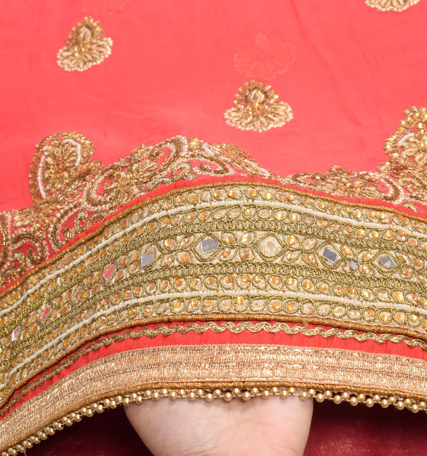 Sushila Vintage HEAVY Carrot Pink Saree Pure Georgette Zari Mirror Work Sari Fabric