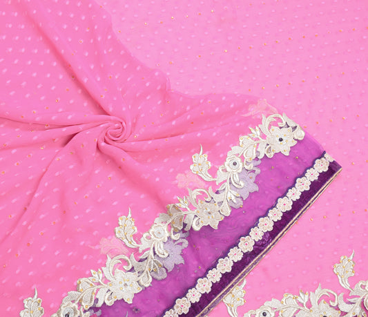 Sushila Vintage Pink Art Chiffon Saree Woven & Zari Embroidered Sari Craft Fabric