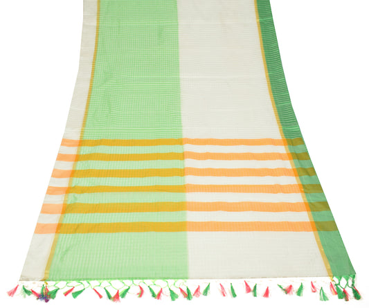 Sushila Vintage Woven Art Silk Saree Green White Check Orange Stripes 6YD Sari
