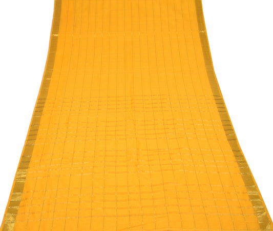 Sushila Vintage Checks Yellow Saree art Silk Zari Woven 6YD Sari Craft Fabric