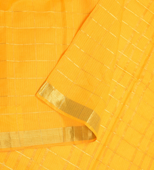 Sushila Vintage Checks Yellow Saree art Silk Zari Woven 6YD Sari Craft Fabric