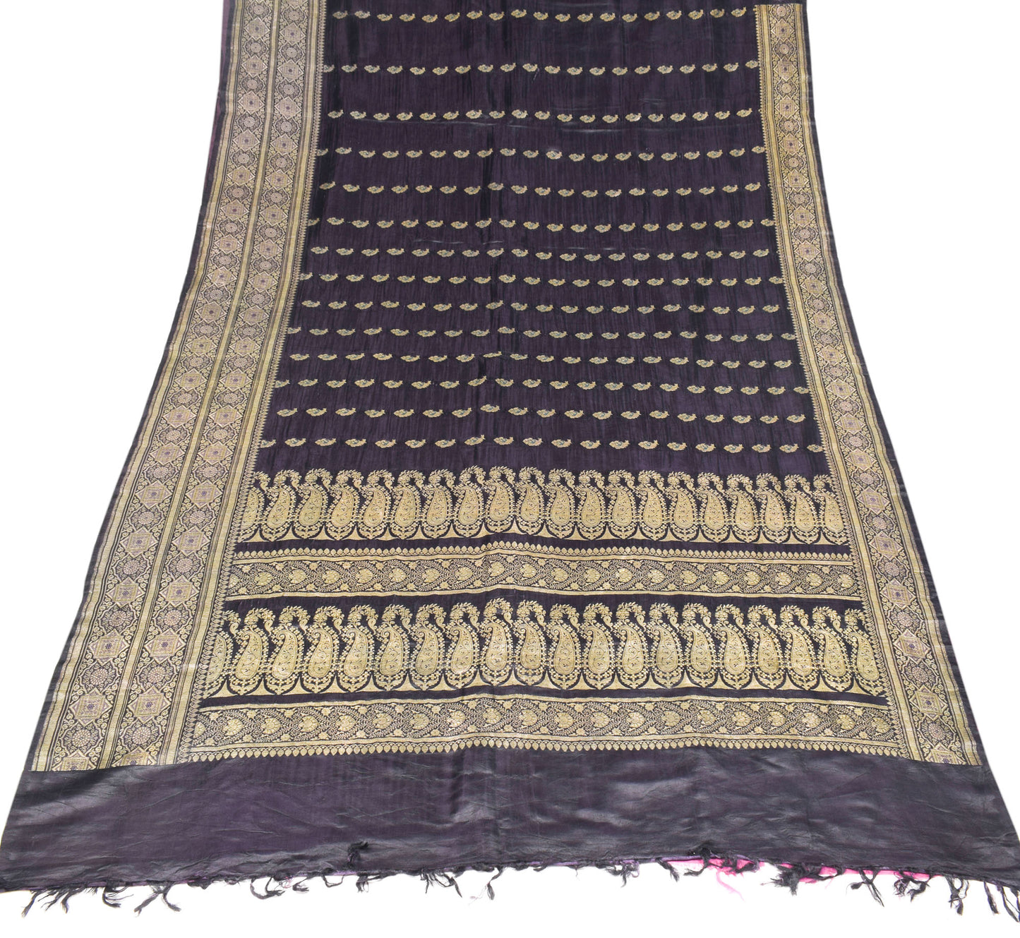 Sushila Vintage Black Banarasi Saree Pure Satin Silk Brocade HEABY Sari Fabric