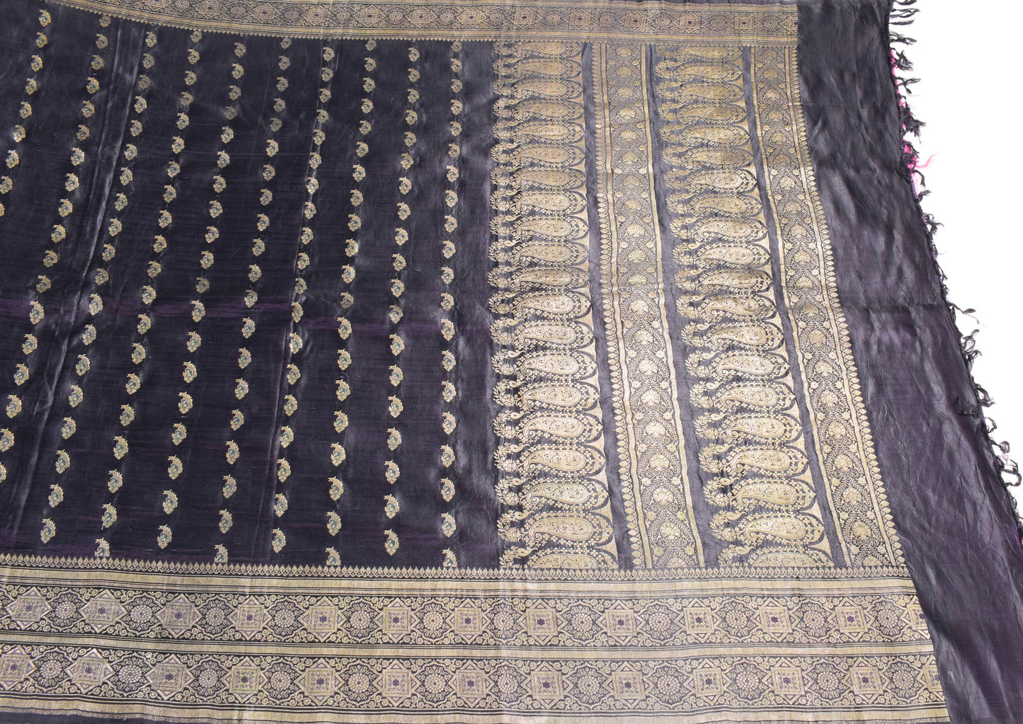Sushila Vintage Black Banarasi Saree Pure Satin Silk Brocade HEABY Sari Fabric