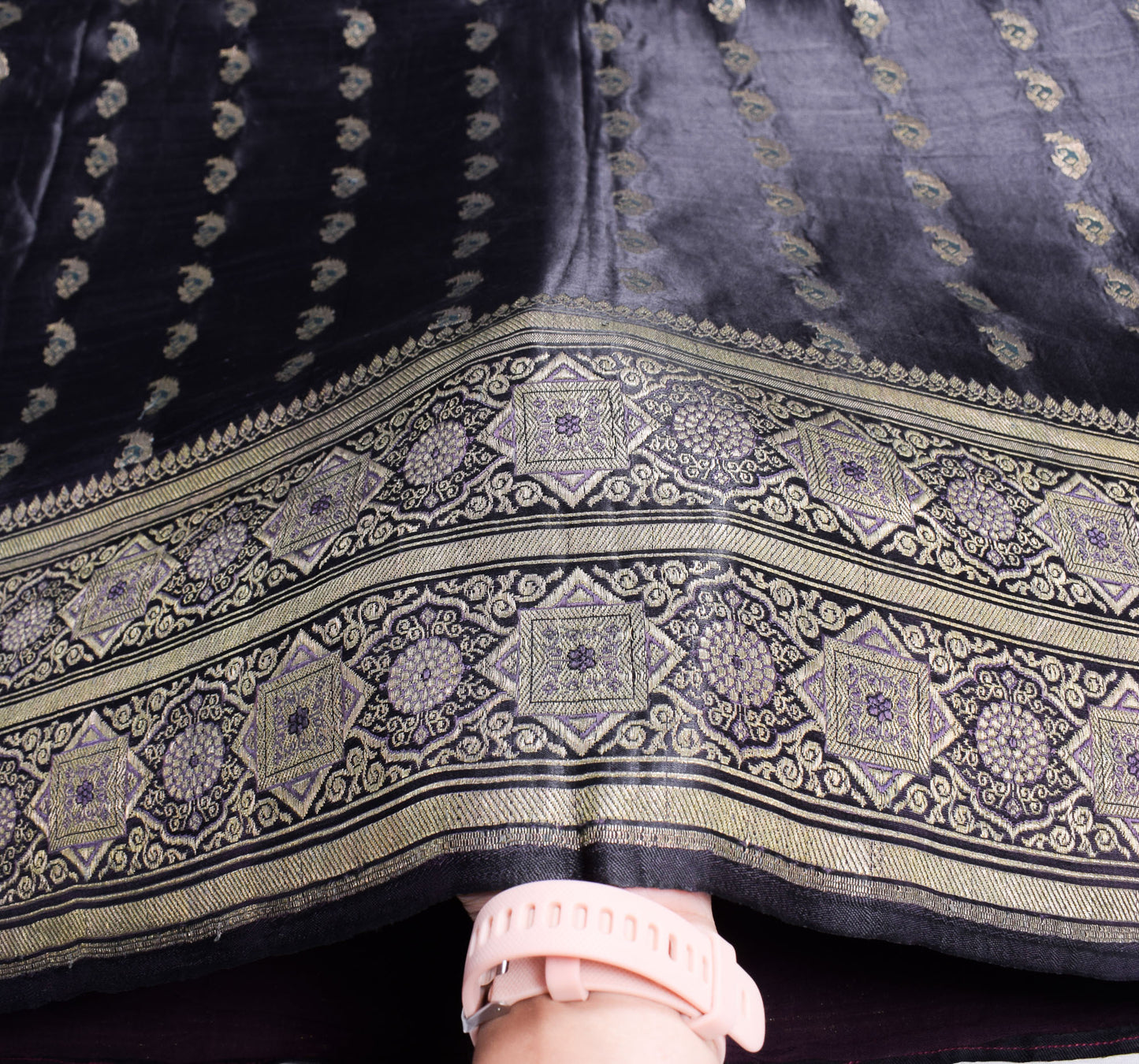 Sushila Vintage Black Banarasi Saree Pure Satin Silk Brocade HEABY Sari Fabric