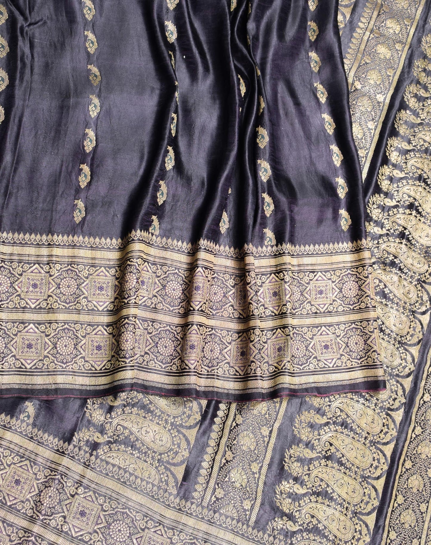 Sushila Vintage Black Banarasi Saree Pure Satin Silk Brocade HEABY Sari Fabric
