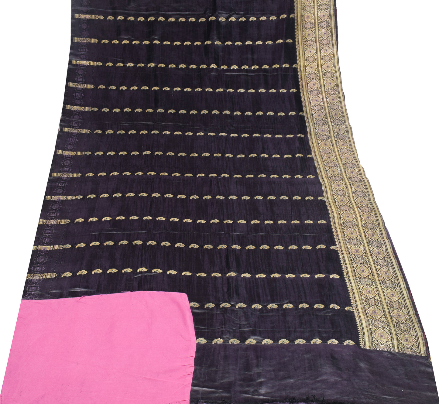 Sushila Vintage Black Banarasi Saree Pure Satin Silk Brocade HEABY Sari Fabric