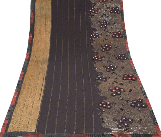 Sushila Vintage HEAVY Black Saree Pure Georgette Chanderi Sequins Work Sari Fabric