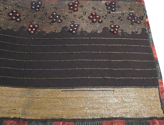 Sushila Vintage HEAVY Black Saree Pure Georgette Chanderi Sequins Work Sari Fabric
