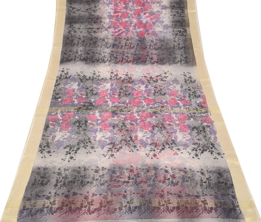 Sushila Vintage Cream Saree Pure Cotton Hand Beaded Sari Craft Fabric